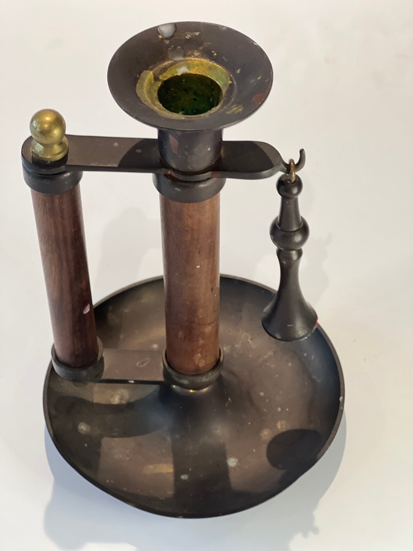 Vintage wood and metal Candle Holder with handle and original snuffer