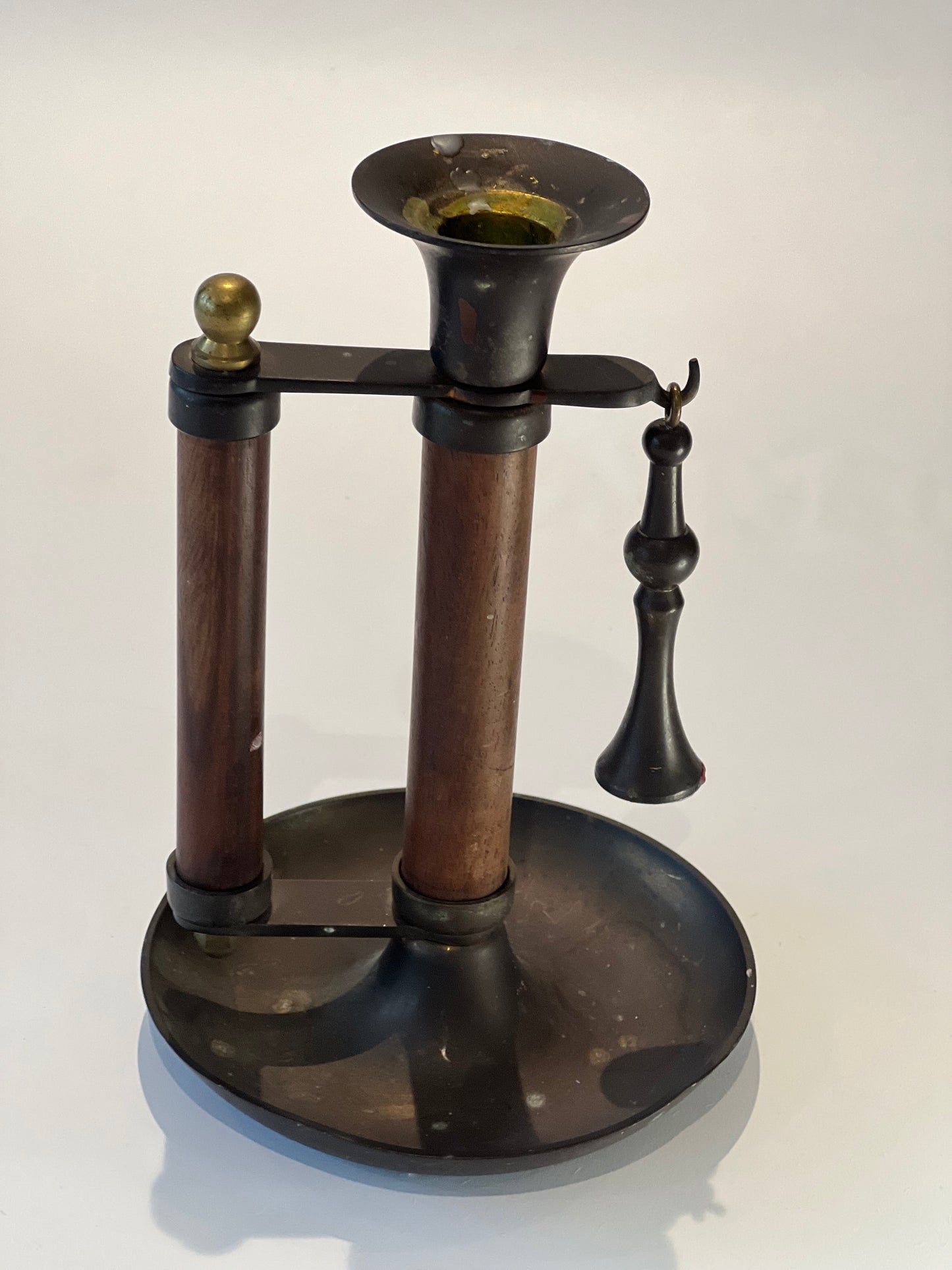 Vintage wood and metal Candle Holder with handle and original snuffer