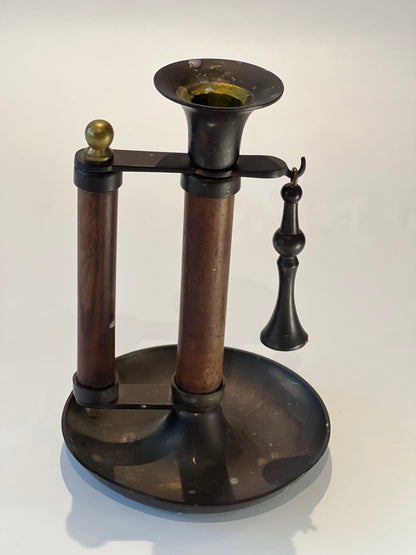 Vintage wood and metal Candle Holder with handle and original snuffer
