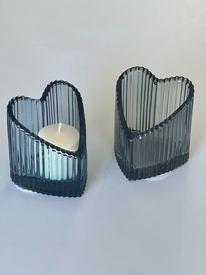 Ribbed Heart T-Light Holder – 8cm, Blue or Grey