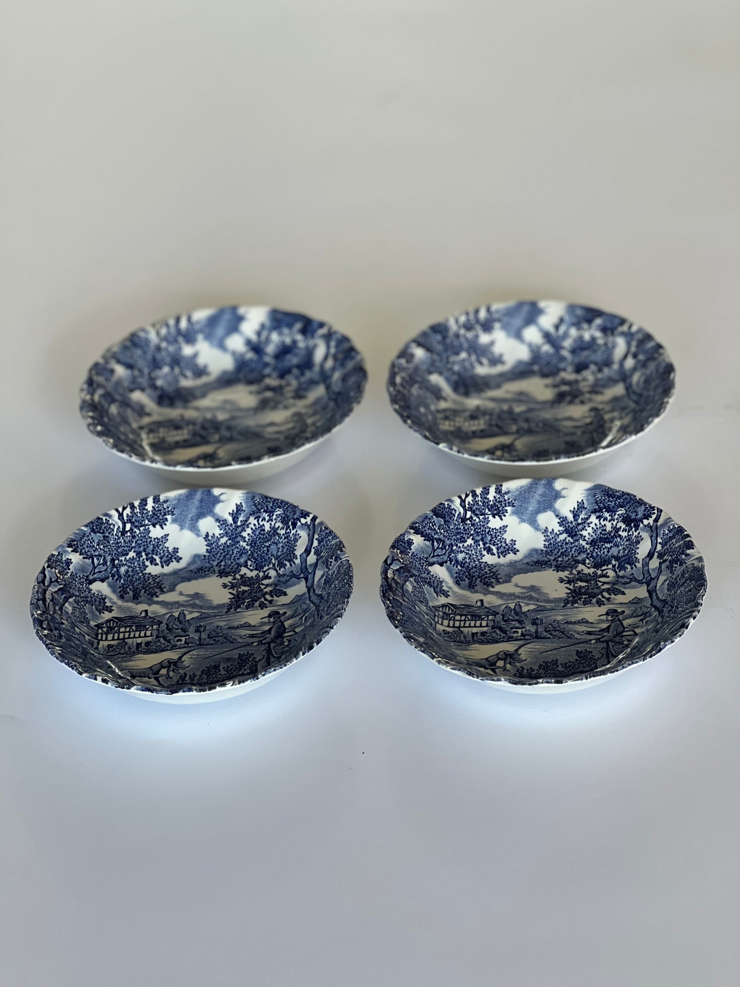 Set of 4 Vintage Blue & White Bowls by Myott – “The Hunter”