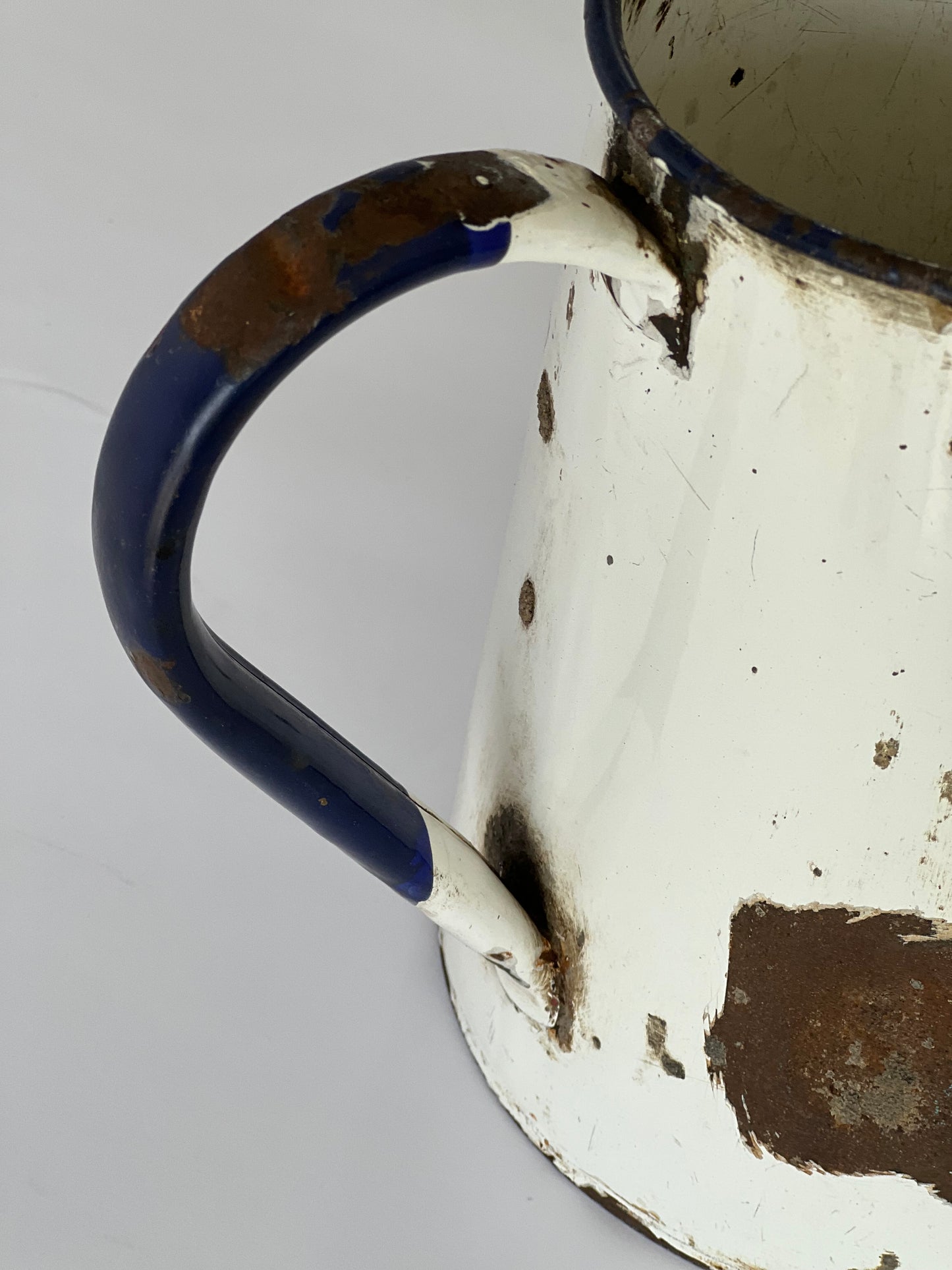 Old Enamel Rustic Jug – White with Navy Blue Handle and Rim
