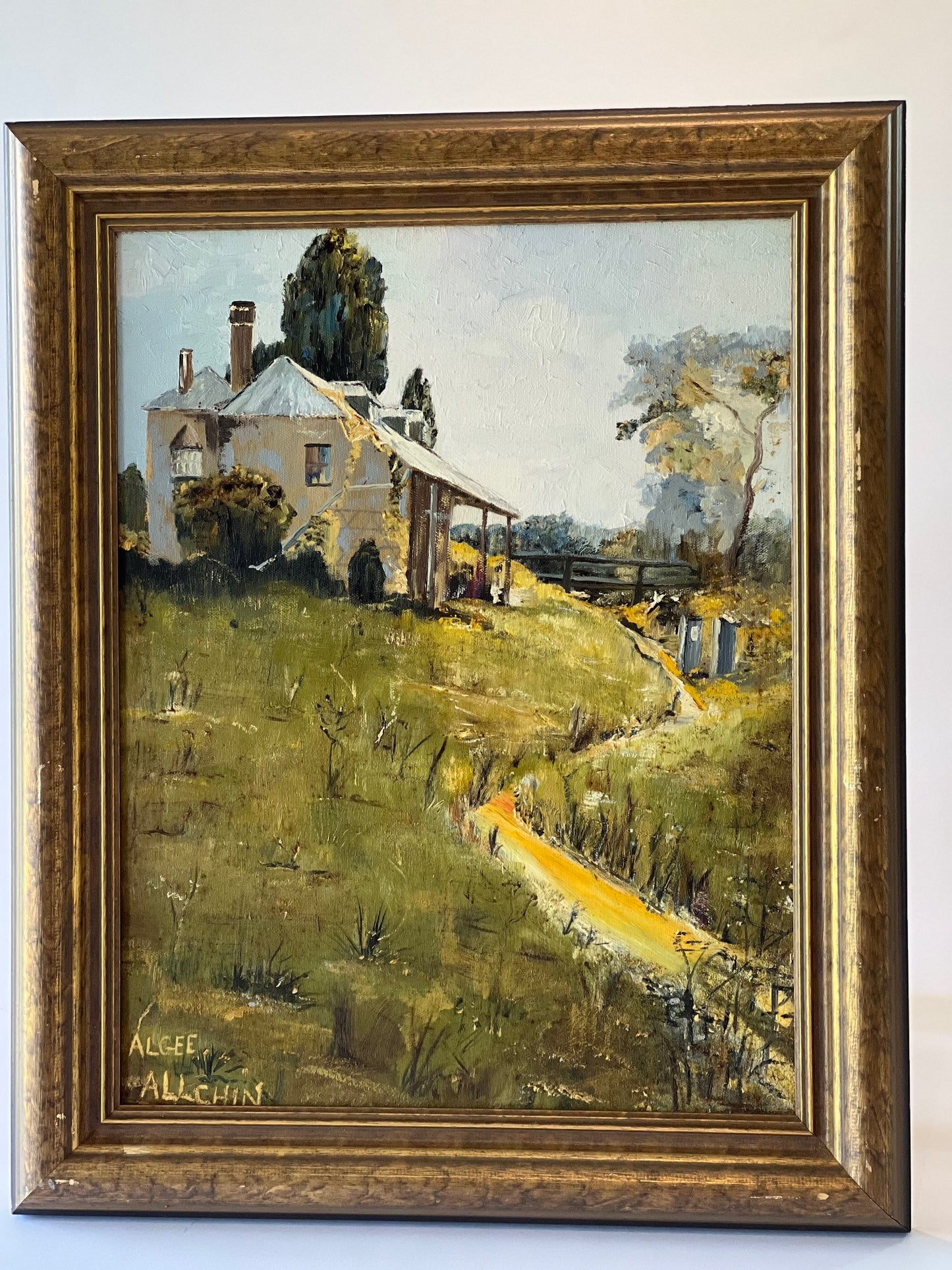 Vintage Oil Painting – Landscape in Blues, Greens & Yellows