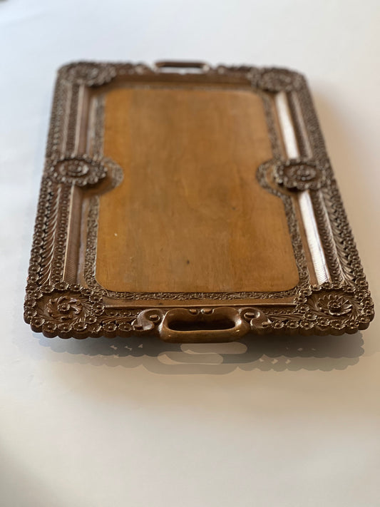 Hand-Carved Wooden Indian Tray with Intricate Detail (c.1900, L60 × W34 cm)