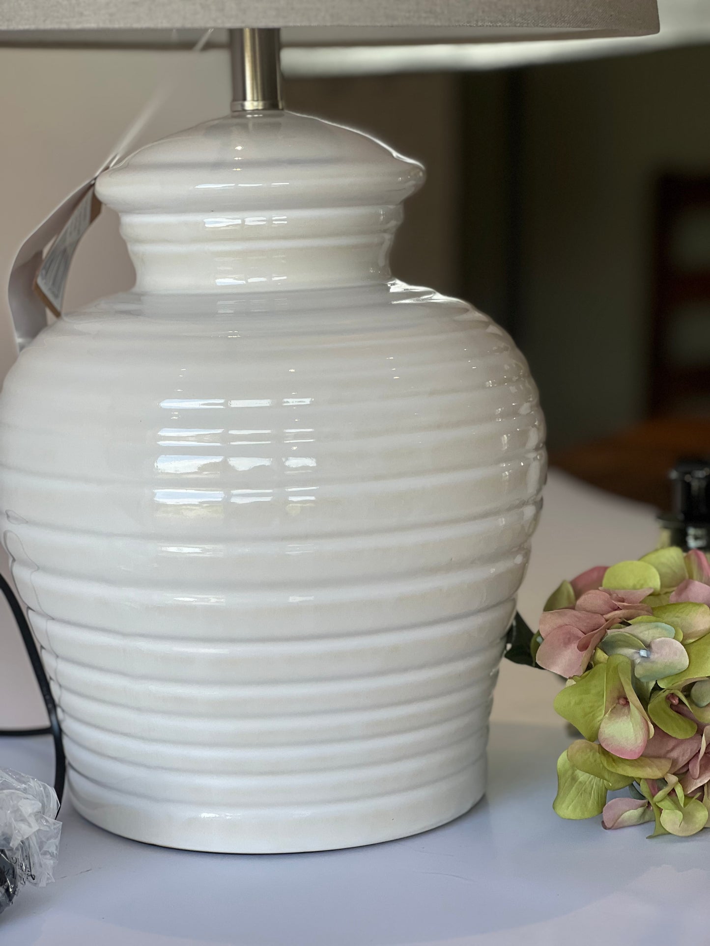 Large White Rippled Ceramic Table Lamp with Linen Shade