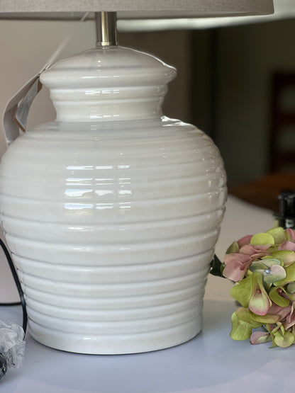 Large White Rippled Ceramic Table Lamp with Linen Shade