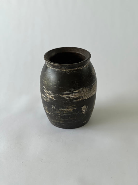Small Indonesian Handmade Wooden Pot – Black Brown with White Splashes (20x16cm)