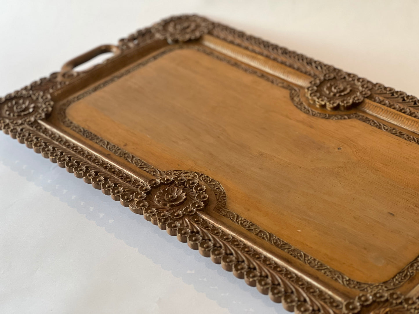 Hand-Carved Wooden Indian Tray with Intricate Detail (c.1900, L60 × W34 cm)