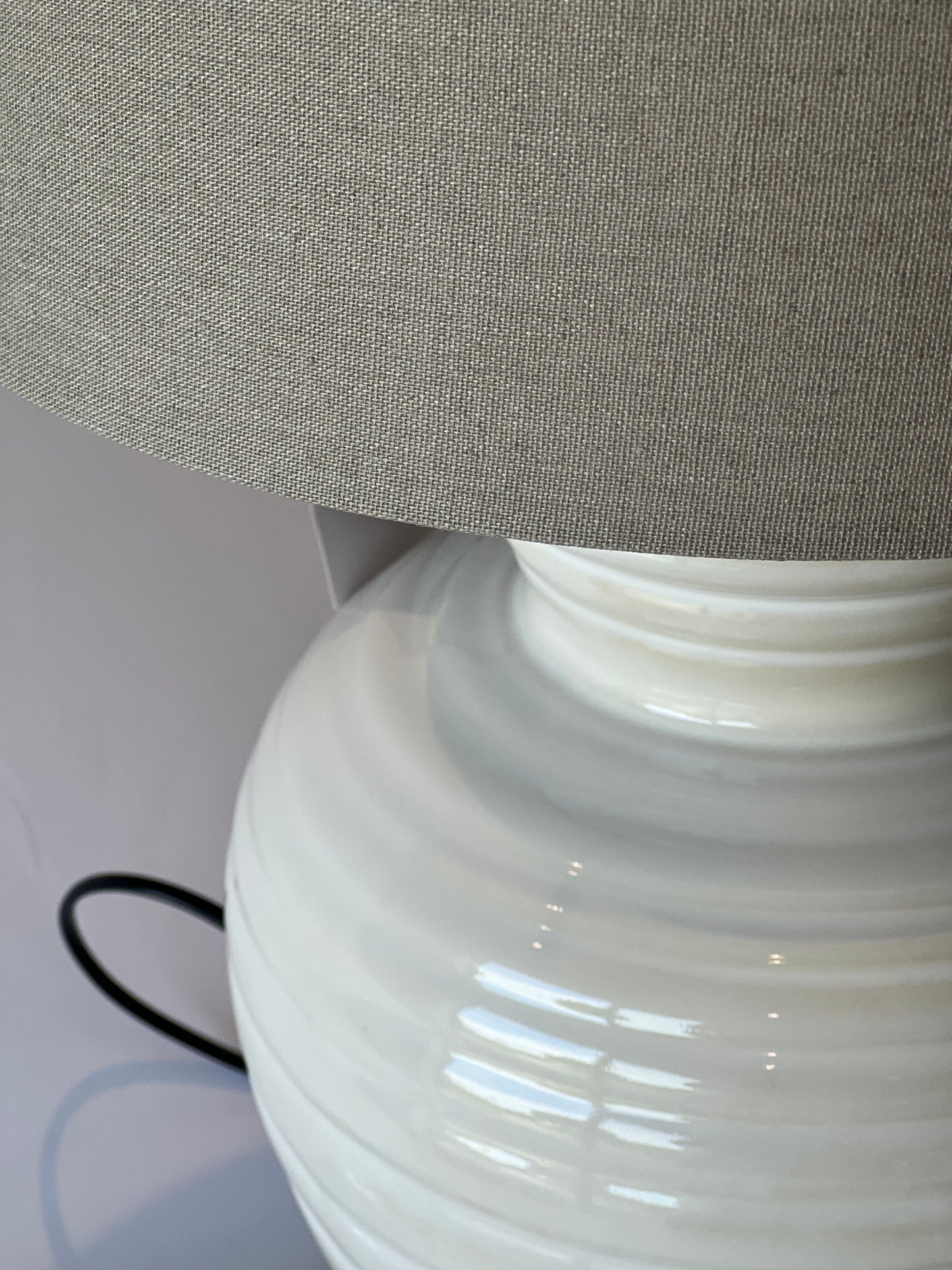 Large White Rippled Ceramic Table Lamp with Linen Shade