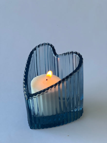Ribbed Heart T-Light Holder – 8cm, Blue or Grey