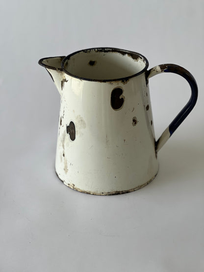 Old Enamel Rustic Jug – White with Navy Blue Handle and Rim