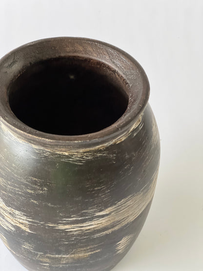 Small Indonesian Handmade Wooden Pot – Black Brown with White Splashes (20x16cm)
