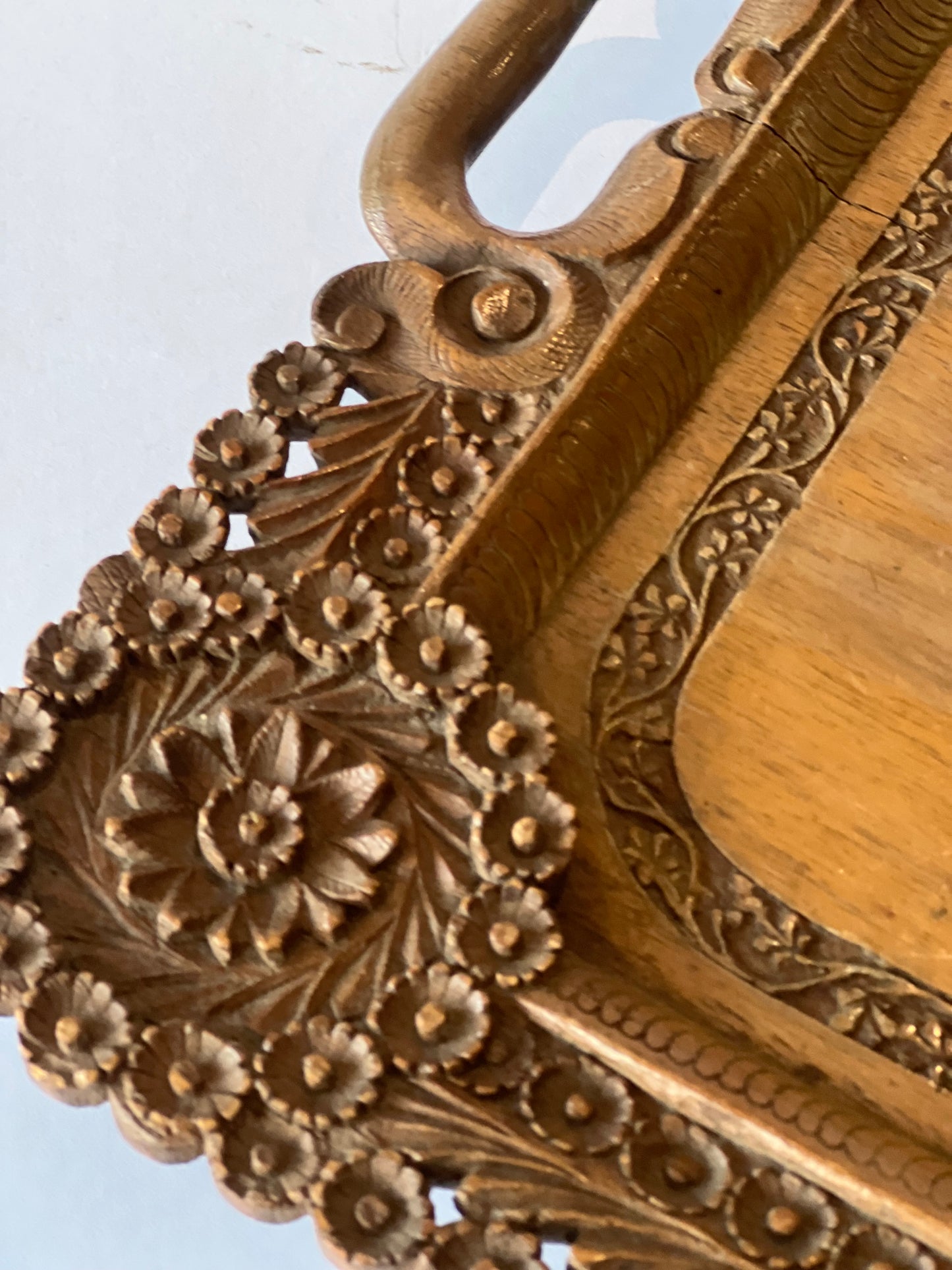 Hand-Carved Wooden Indian Tray with Intricate Detail (c.1900, L60 × W34 cm)