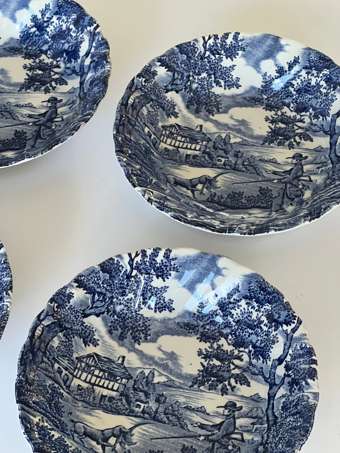 Set of 4 Vintage Blue & White Bowls by Myott – “The Hunter”