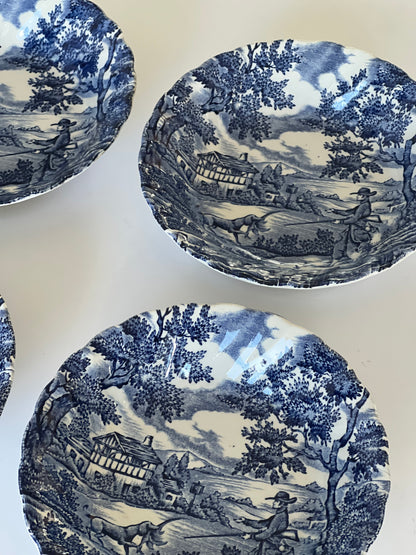 Set of 4 Vintage Blue & White Bowls by Myott – “The Hunter”