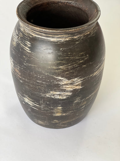Small Indonesian Handmade Wooden Pot – Black Brown with White Splashes (20x16cm)