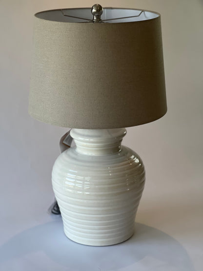 Large White Rippled Ceramic Table Lamp with Linen Shade