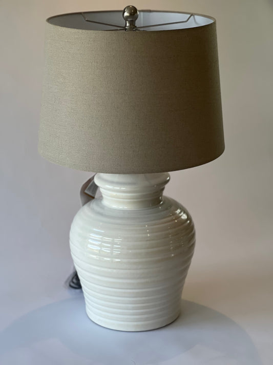 Large White Rippled Ceramic Table Lamp with Linen Shade