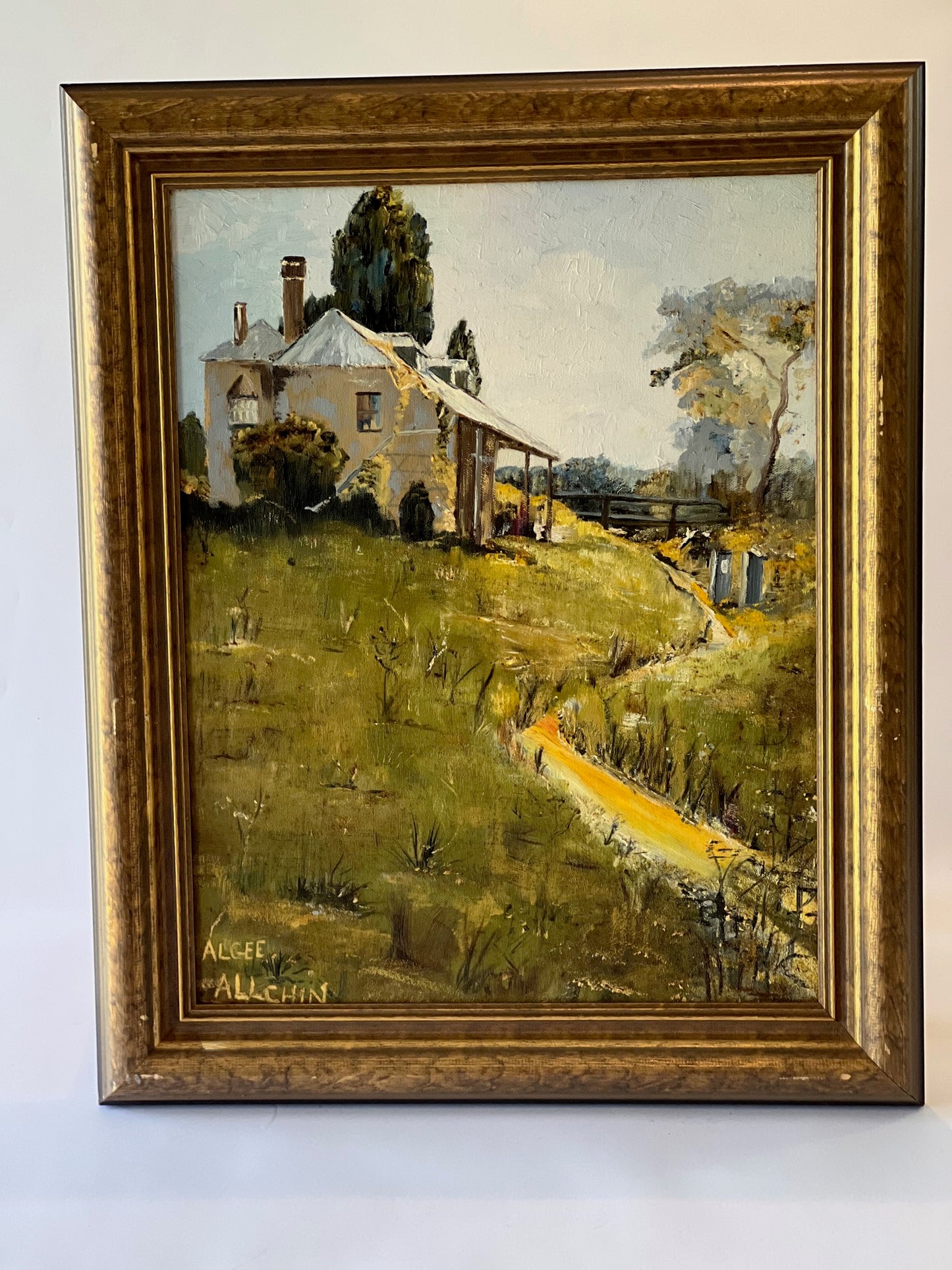 Vintage Oil Painting – Landscape in Blues, Greens & Yellows