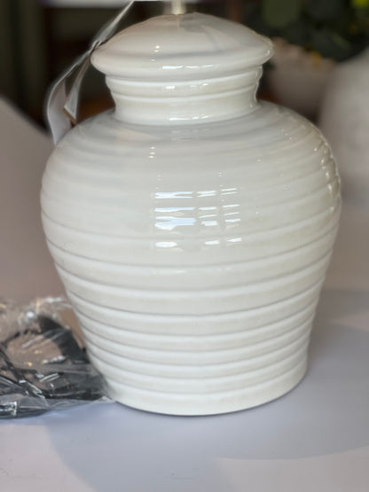 Large White Rippled Ceramic Table Lamp with Linen Shade