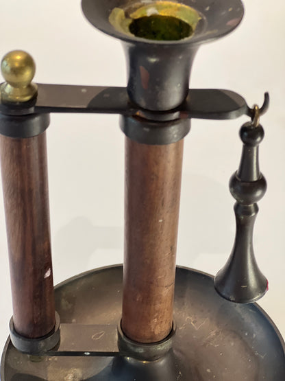 Vintage wood and metal Candle Holder with handle and original snuffer