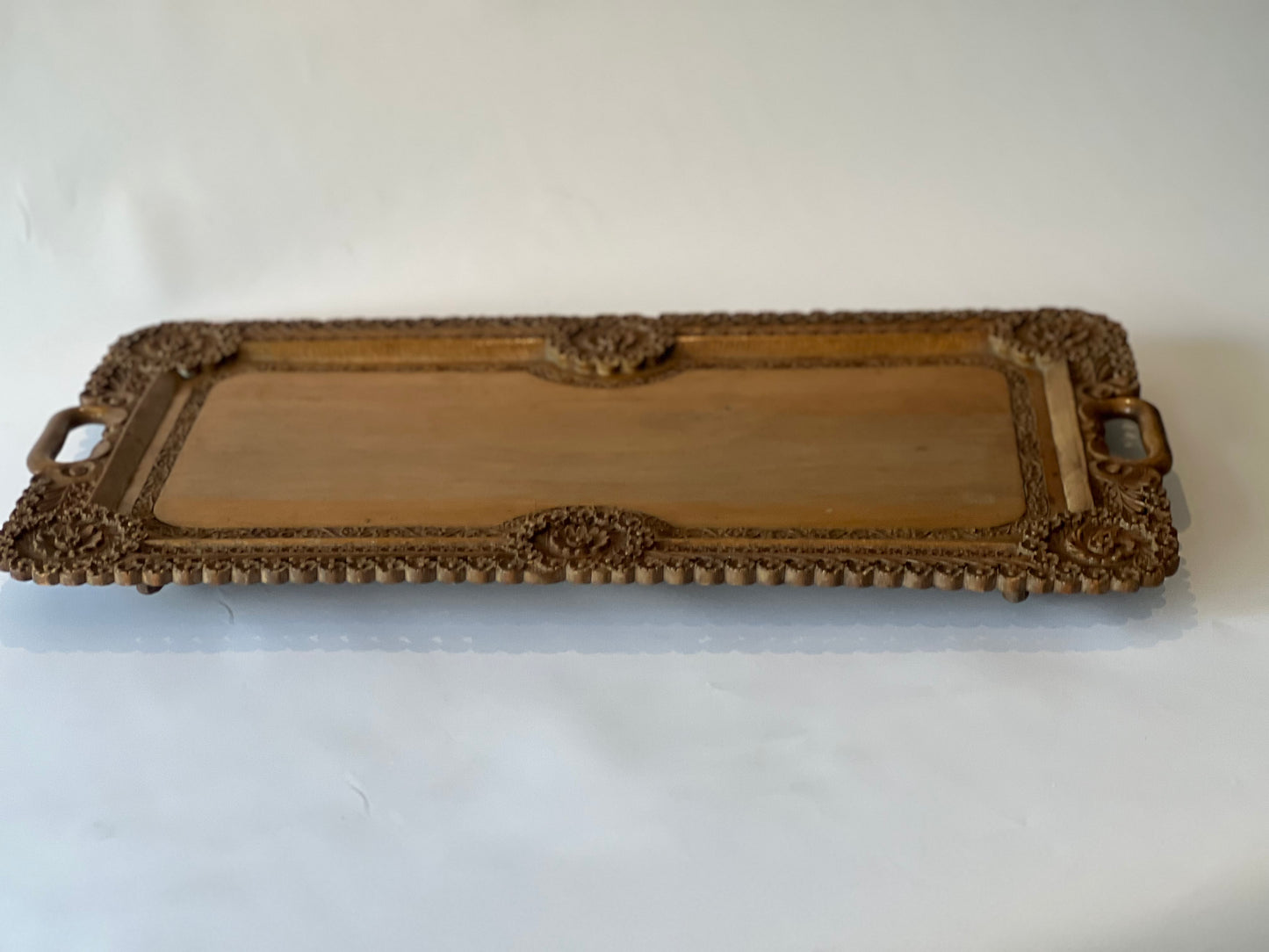 Hand-Carved Wooden Indian Tray with Intricate Detail (c.1900, L60 × W34 cm)