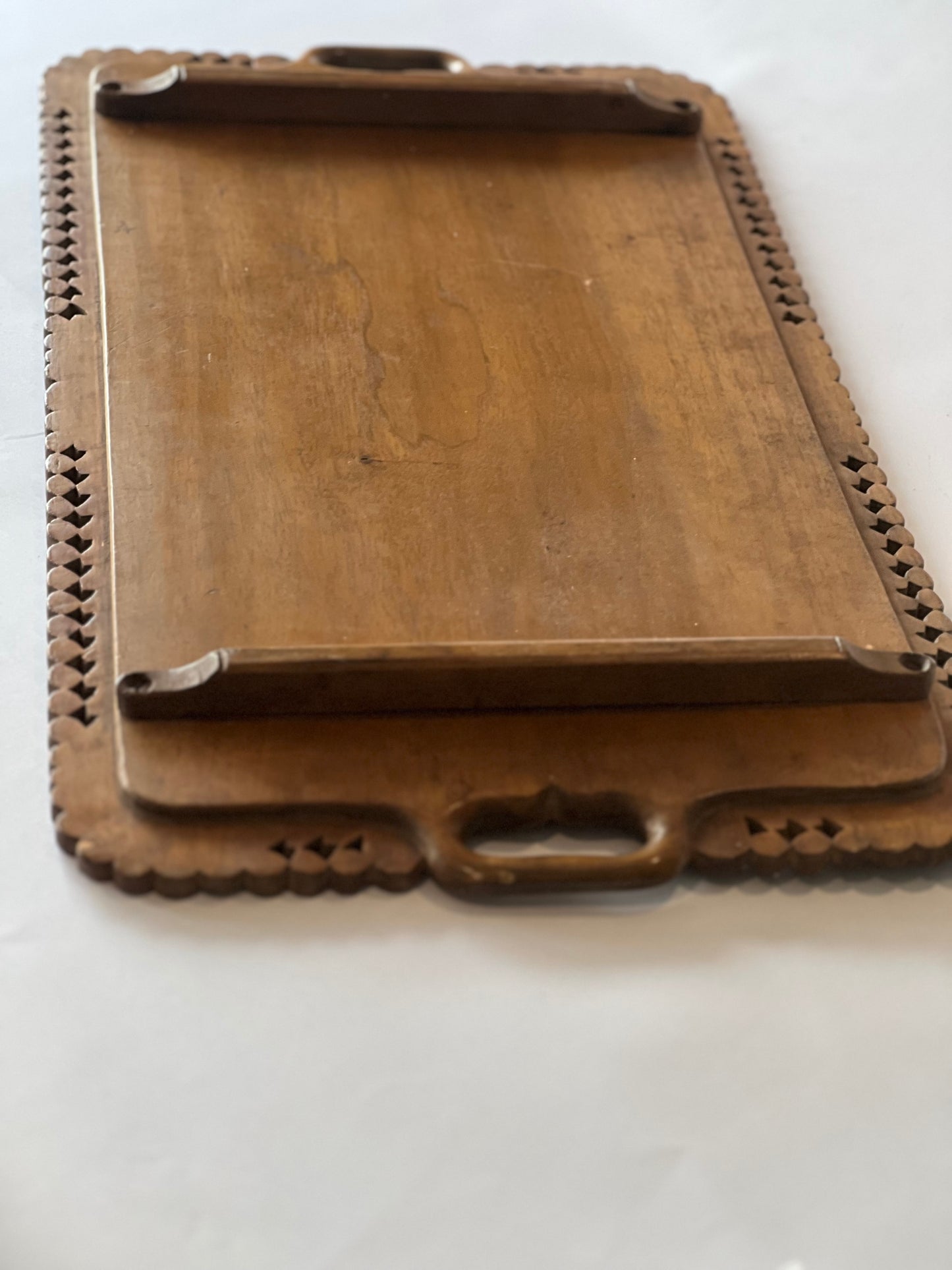 Hand-Carved Wooden Indian Tray with Intricate Detail (c.1900, L60 × W34 cm)