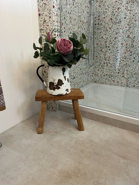 Old Enamel Rustic Jug – White with Navy Blue Handle and Rim