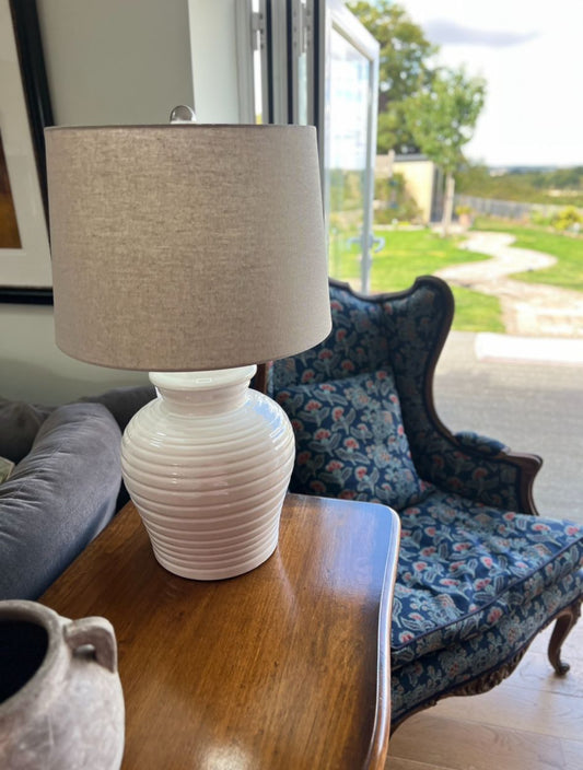 Large White Rippled Ceramic Table Lamp with Linen Shade