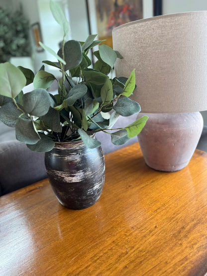 Small Indonesian Handmade Wooden Pot – Black Brown with White Splashes (20x16cm)